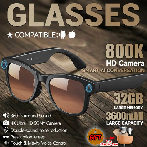 Black VisionAI smart glasses showing premium design details on white background