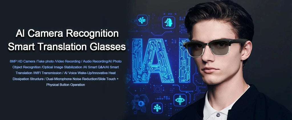 Black VisionAI smart glasses showing premium design details on white background