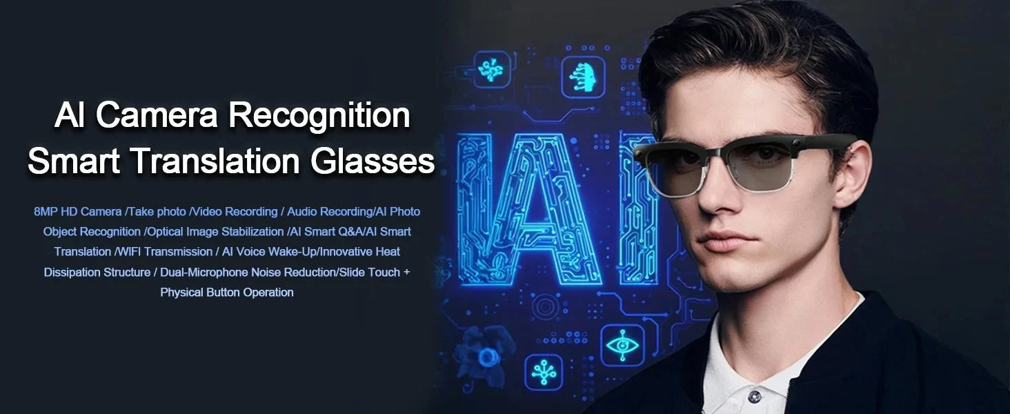 Black VisionAI smart glasses showing premium design details on white background
