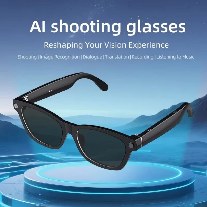 Black VisionAI smart glasses showing premium design details on white background