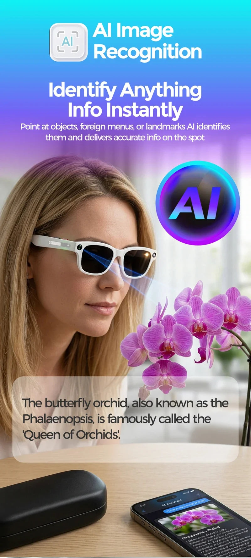 Black VisionAI smart glasses showing premium design details on white background