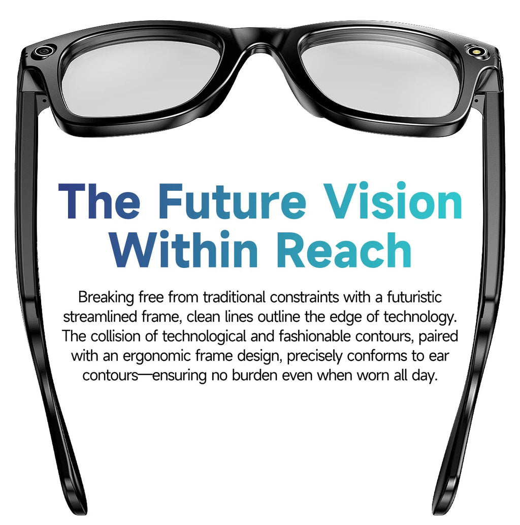 Black VisionAI smart glasses showing premium design details on white background