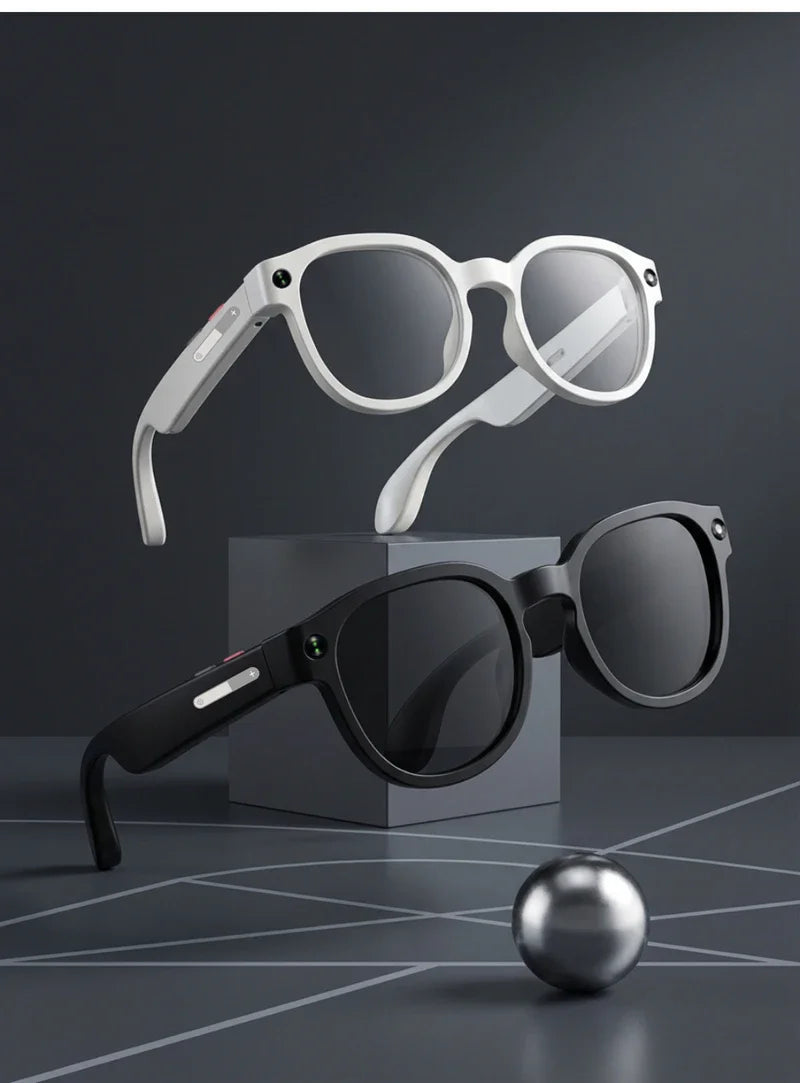 Black VisionAI smart glasses showing premium design details on white background