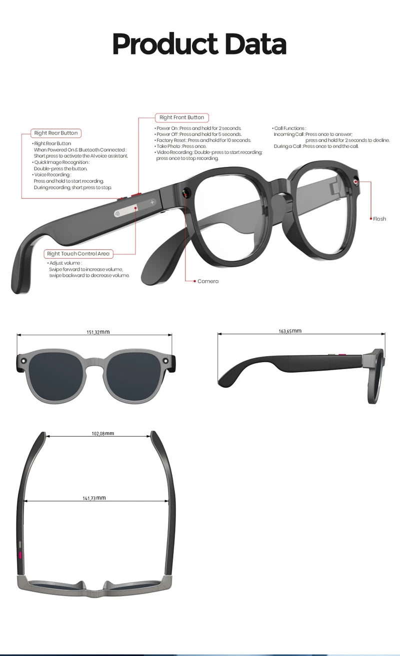 Black VisionAI smart glasses showing premium design details on white background