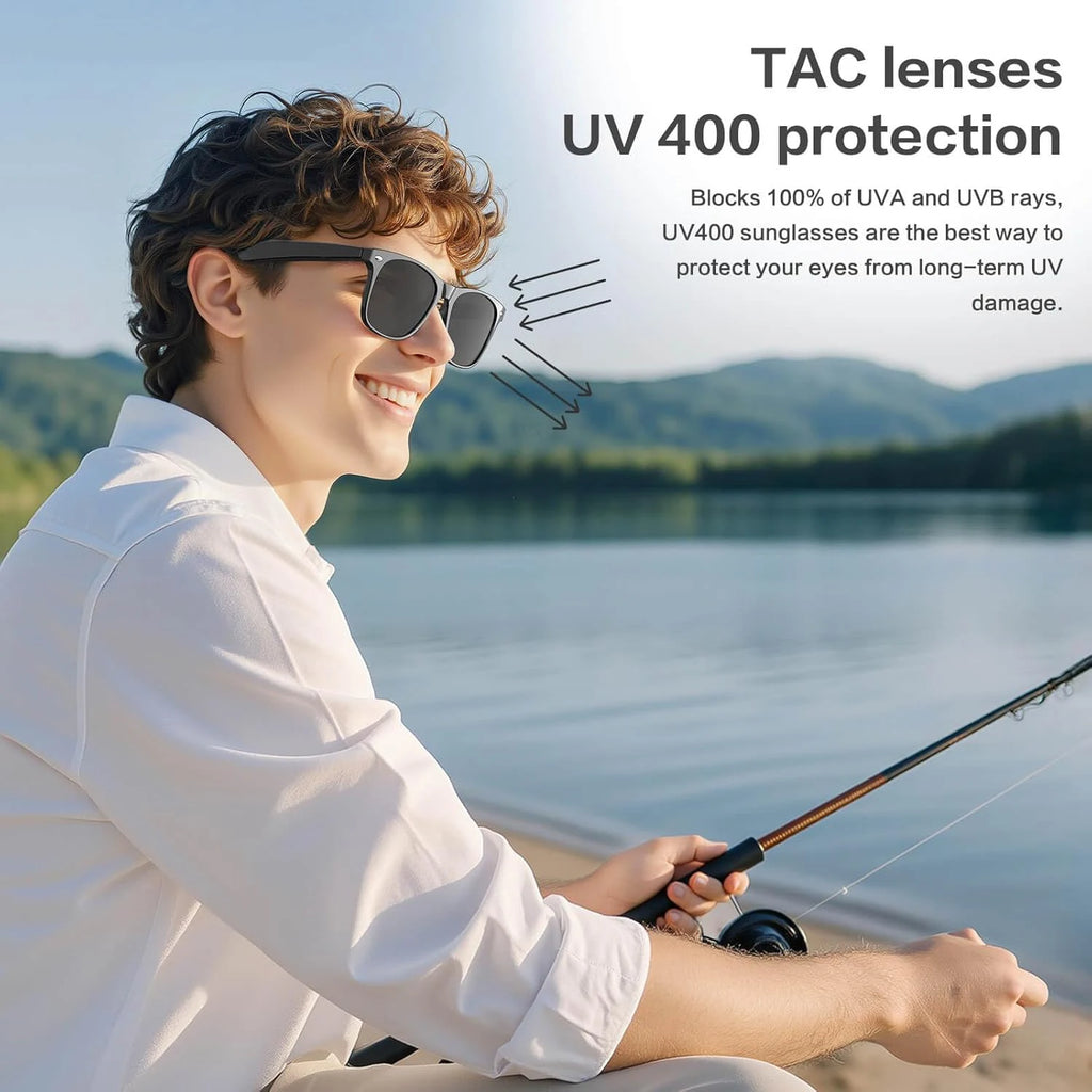 Black VisionAI smart glasses showing premium design details on white background