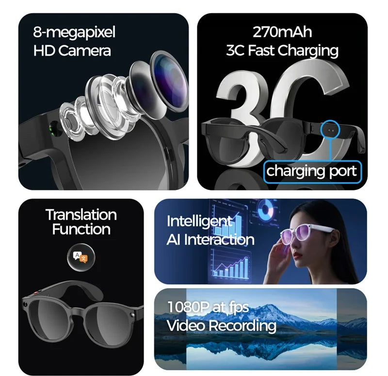 Black VisionAI smart glasses showing premium design details on white background