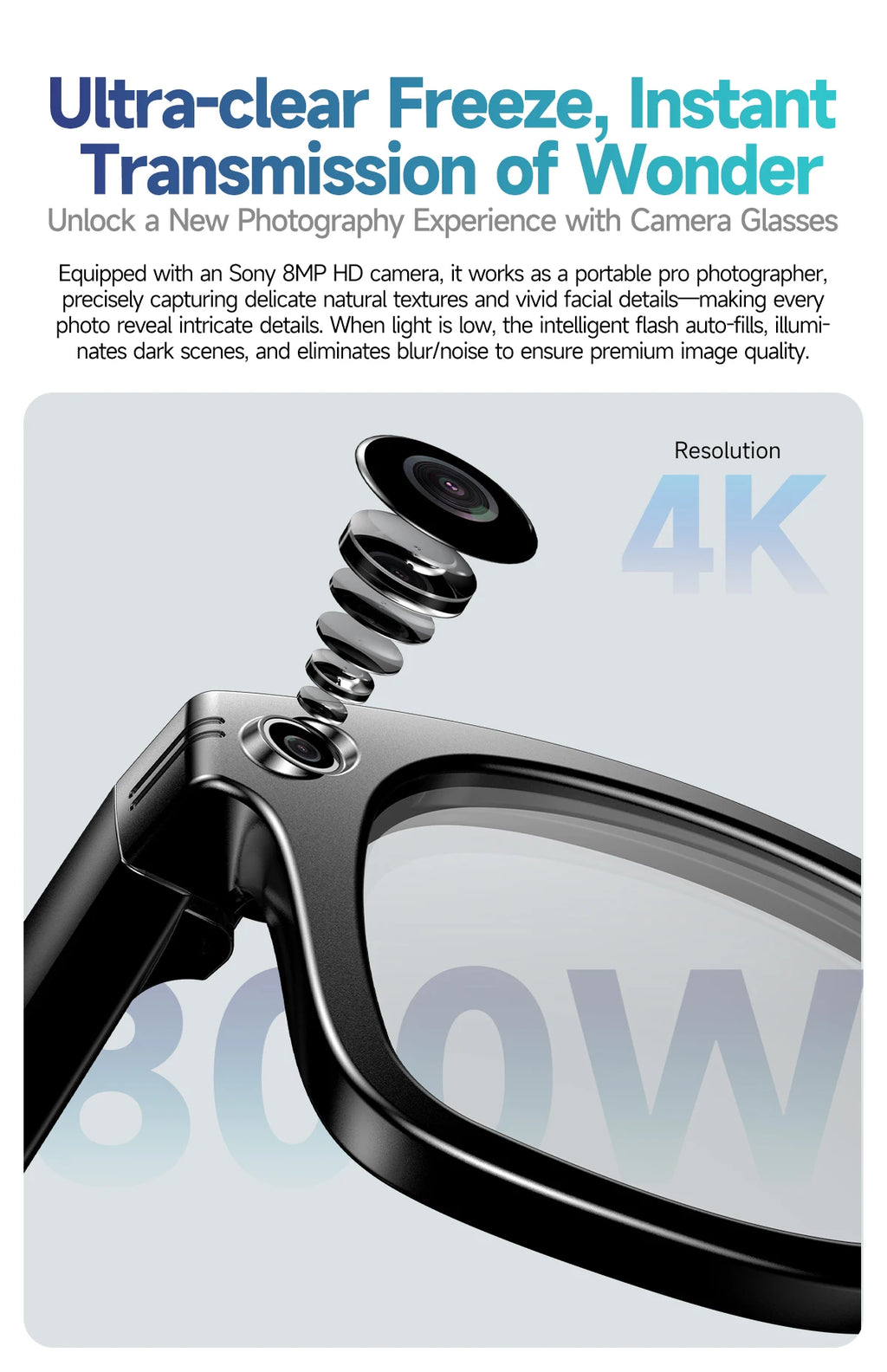 Black VisionAI smart glasses showing premium design details on white background