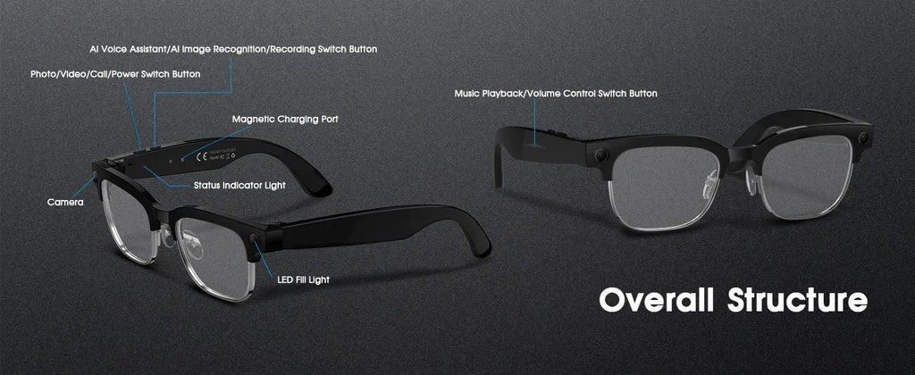 Black VisionAI smart glasses showing premium design details on white background