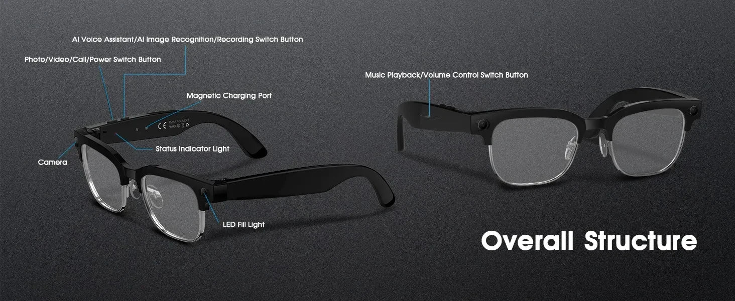 Black VisionAI smart glasses showing premium design details on white background