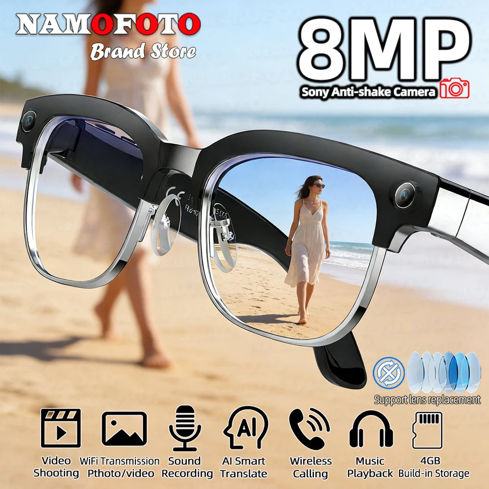 Black VisionAI smart glasses showing premium design details on white background