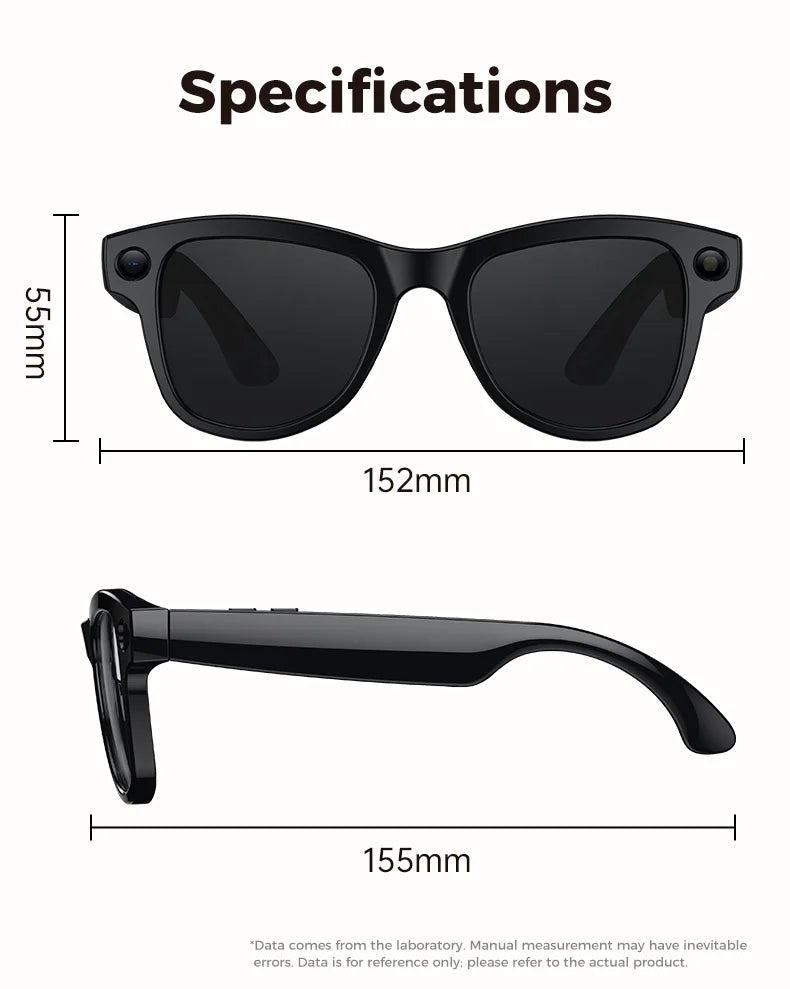 Black VisionAI smart glasses showing premium design details on white background