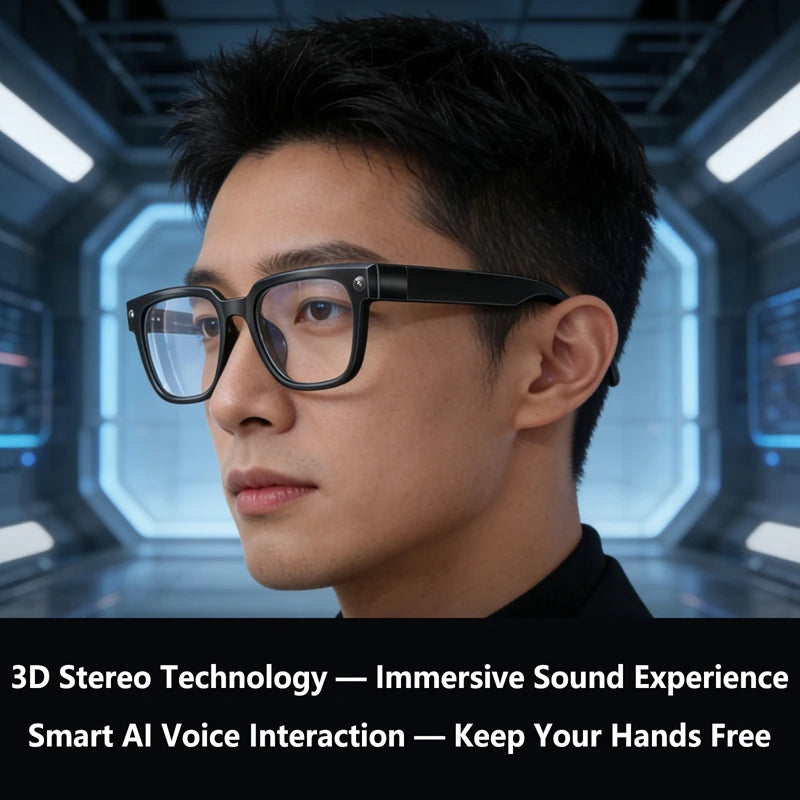 Black VisionAI smart glasses showing premium design details on white background