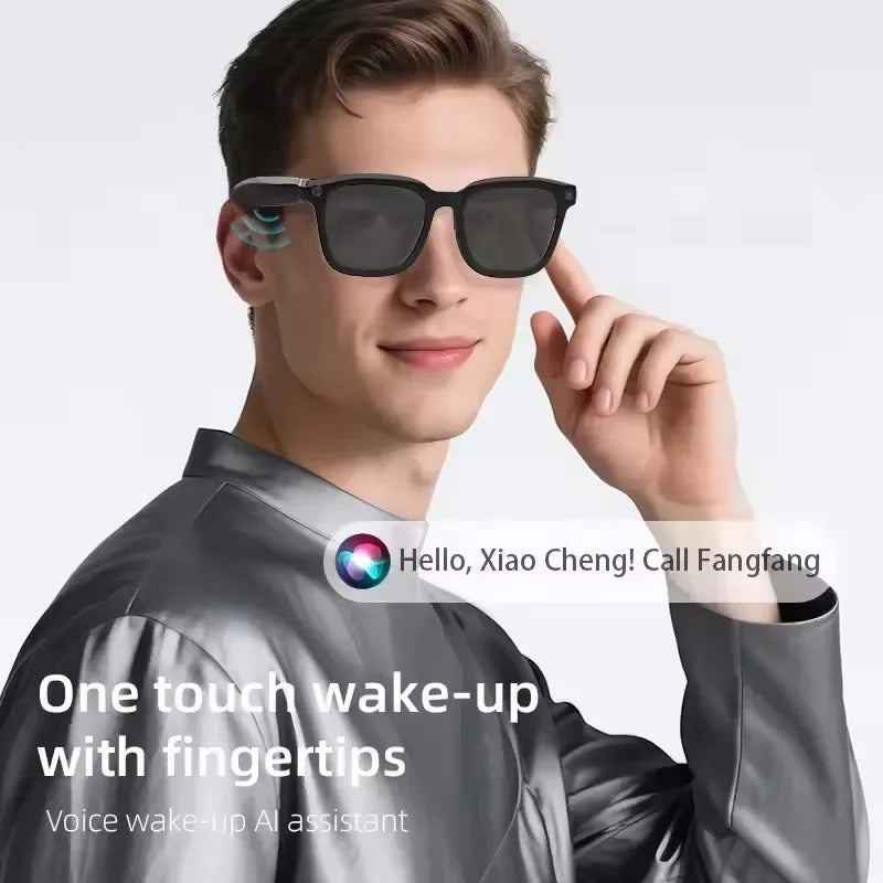 Black VisionAI smart glasses showing premium design details on white background
