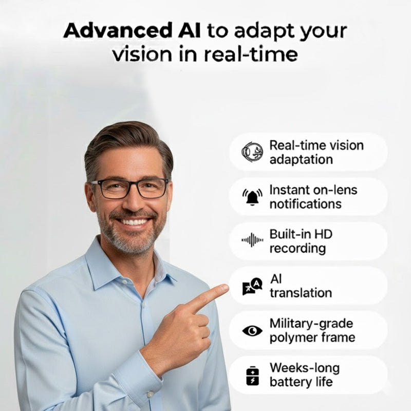 A traveler using VisionAI Pro glasses for real-time voice translation in a busy international airport terminal.