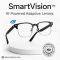 VisionAI Pro smart glasses featuring a sleek black frame with integrated 4K POV camera lens on the bridge.